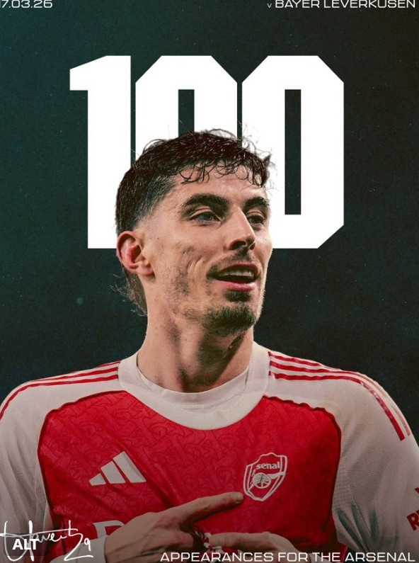 哈弗茨迎阿森纳生涯100次出场里程碑，贡献32球14助攻