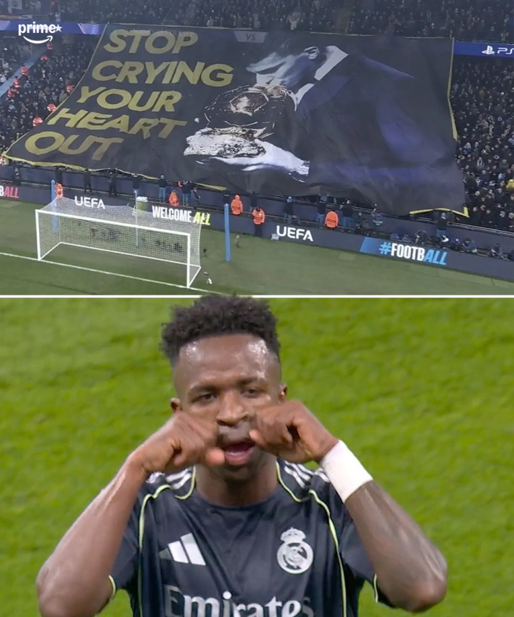 维尼修斯进球后做出“让你哭”庆祝动作，疑似回应曼城上赛季TIFO