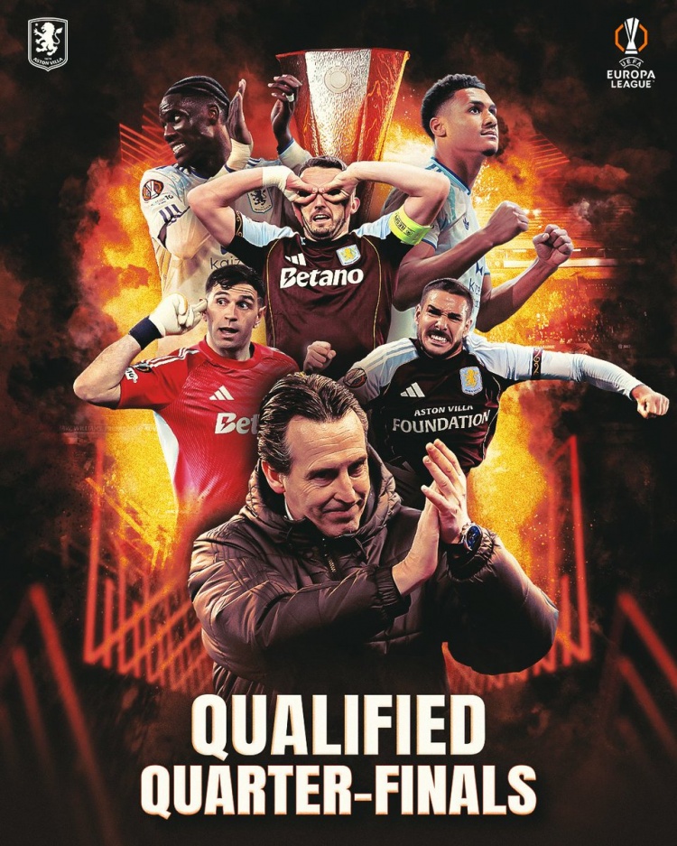 维拉官方社媒晒海报，庆祝晋级欧联杯8强：埃梅里携众将出镜