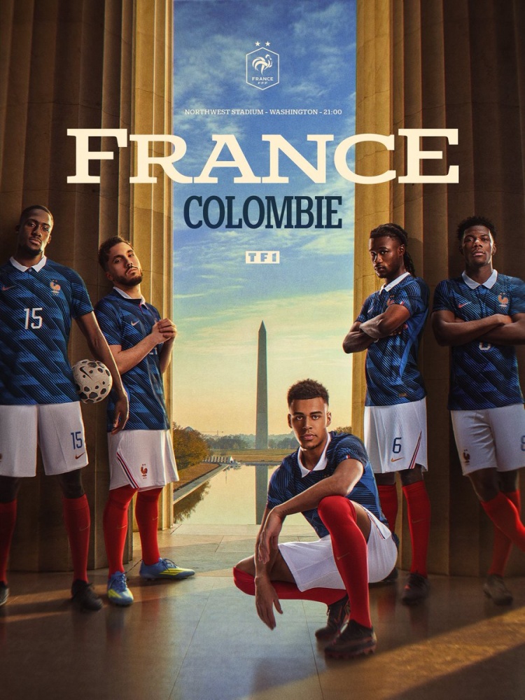 法国队发布对阵哥伦比亚海报：杜埃、谢尔基、卡马文加出镜